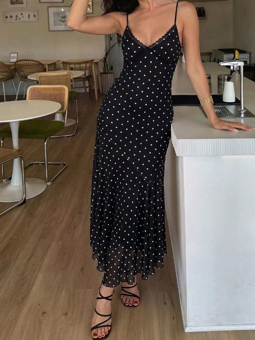 Multicolor Casual Women's Polka Dot Print Lace Patchwork Spaghetti Strap Dress